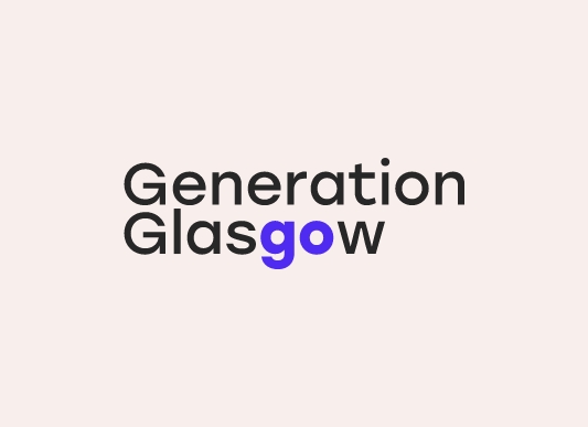 Generation Glasgow logotype. Beige background. Blue highlight on the 
