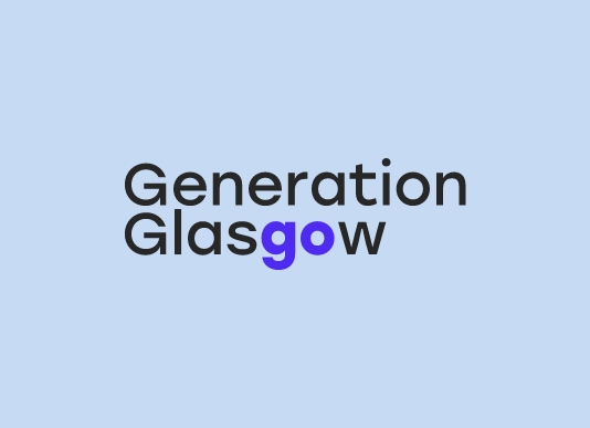Generation Glasgow brand identity. Pastel blue background. Electric blue highlight on the 