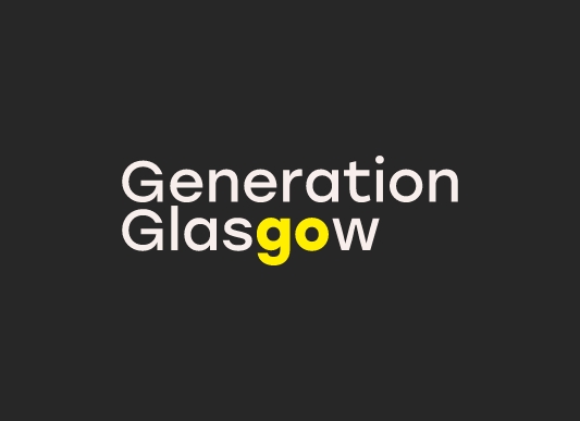 Generation Glasgow logo design. Dark background. Yellow highlight on the 